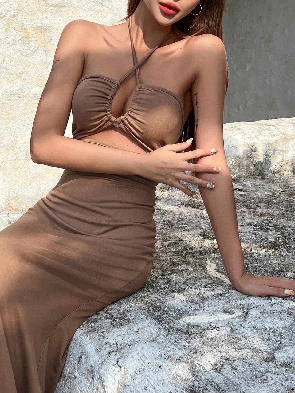 Ladies' Solid Color Halter Neck Hollow Out Backless Dress