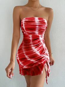 SHEIN Privé 紮染側抽繩荷葉邊抹胸緊身洋裝 - 紅色 - 查看 6