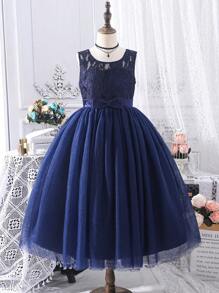 SHEIN Đầm Gái Tương phản Mesh màu trơn Giải trí - Màu xanh hải quân - Xem 1