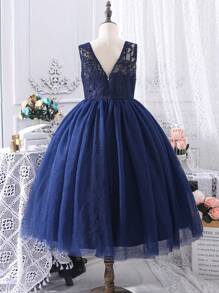 SHEIN Đầm Gái Tương phản Mesh màu trơn Giải trí - Màu xanh hải quân - Xem 2