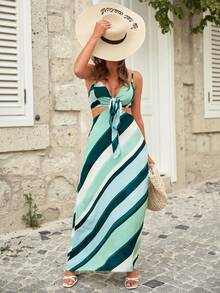 EURMUSE Striped Print Knot Front Cami Dress - Multicolor - View 5