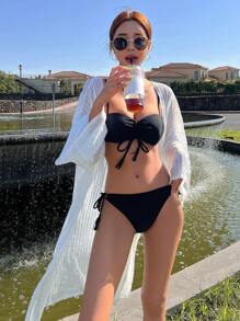 DAZY 素色落肩袖和服罩衫不附比基尼 - 米色 - 查看 4