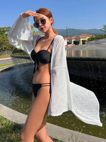DAZY 素色落肩袖和服罩衫不附比基尼 - 米色 - 查看 3