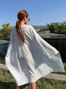 DAZY 素色落肩袖和服罩衫不附比基尼 - 米色 - 查看 6