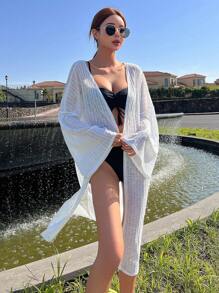 DAZY 素色落肩袖和服罩衫不附比基尼 - 米色 - 查看 7