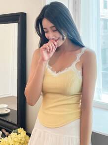 DAZY Áo khoác và áo lót dành cho xe tăng nữ Tương phản ren Gân đan Khối Màu Giải trí - Màu vàng - Xem 1