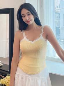 DAZY Áo khoác và áo lót dành cho xe tăng nữ Tương phản ren Gân đan Khối Màu Giải trí - Màu vàng - Xem 4