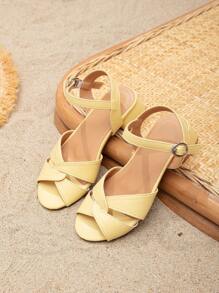 女孩交叉搭扣裝飾粗跟休閒踝帶平底涼鞋適用於戶外