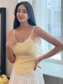 DAZY Áo khoác và áo lót dành cho xe tăng nữ Tương phản ren Gân đan Khối Màu Giải trí - Màu vàng - Xem 7