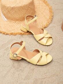 女孩交叉搭扣裝飾粗跟休閒踝帶平底涼鞋適用於戶外