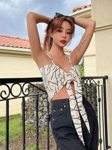 DAZY Top de tirantes con estampado con nudo delantero - Beis - Ver 4