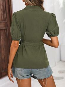SHEIN LUNE Puff Sleeve Knot Side Wrap Blouse - Army Green - View 4
