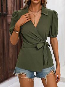 SHEIN LUNE Puff Sleeve Knot Side Wrap Blouse - Army Green - View 5