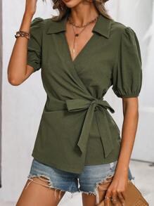 SHEIN LUNE Puff Sleeve Knot Side Wrap Blouse - Army Green - View 2
