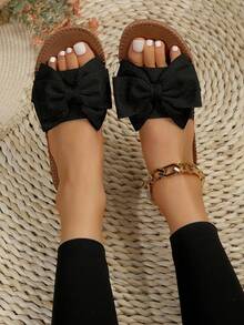 女性蝴蝶結裝飾平底涼鞋,學院黑色滌綸涼拖 - 黑色 - 查看 2