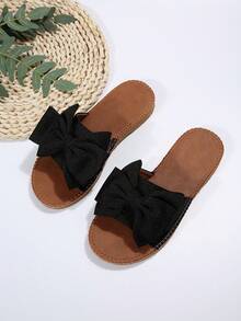 女性蝴蝶結裝飾平底涼鞋,學院黑色滌綸涼拖 - 黑色 - 查看 3
