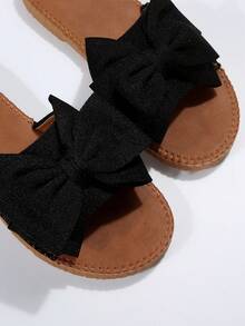 女性蝴蝶結裝飾平底涼鞋,學院黑色滌綸涼拖 - 黑色 - 查看 4