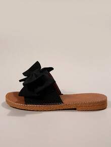 女性蝴蝶結裝飾平底涼鞋,學院黑色滌綸涼拖 - 黑色 - 查看 5