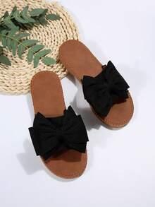 女性蝴蝶結裝飾平底涼鞋,學院黑色滌綸涼拖 - 黑色 - 查看 6