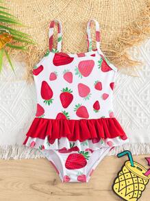 Baby Strawberry Print Ruffle Trim One-piece Swimsuit - Red and White - View 1