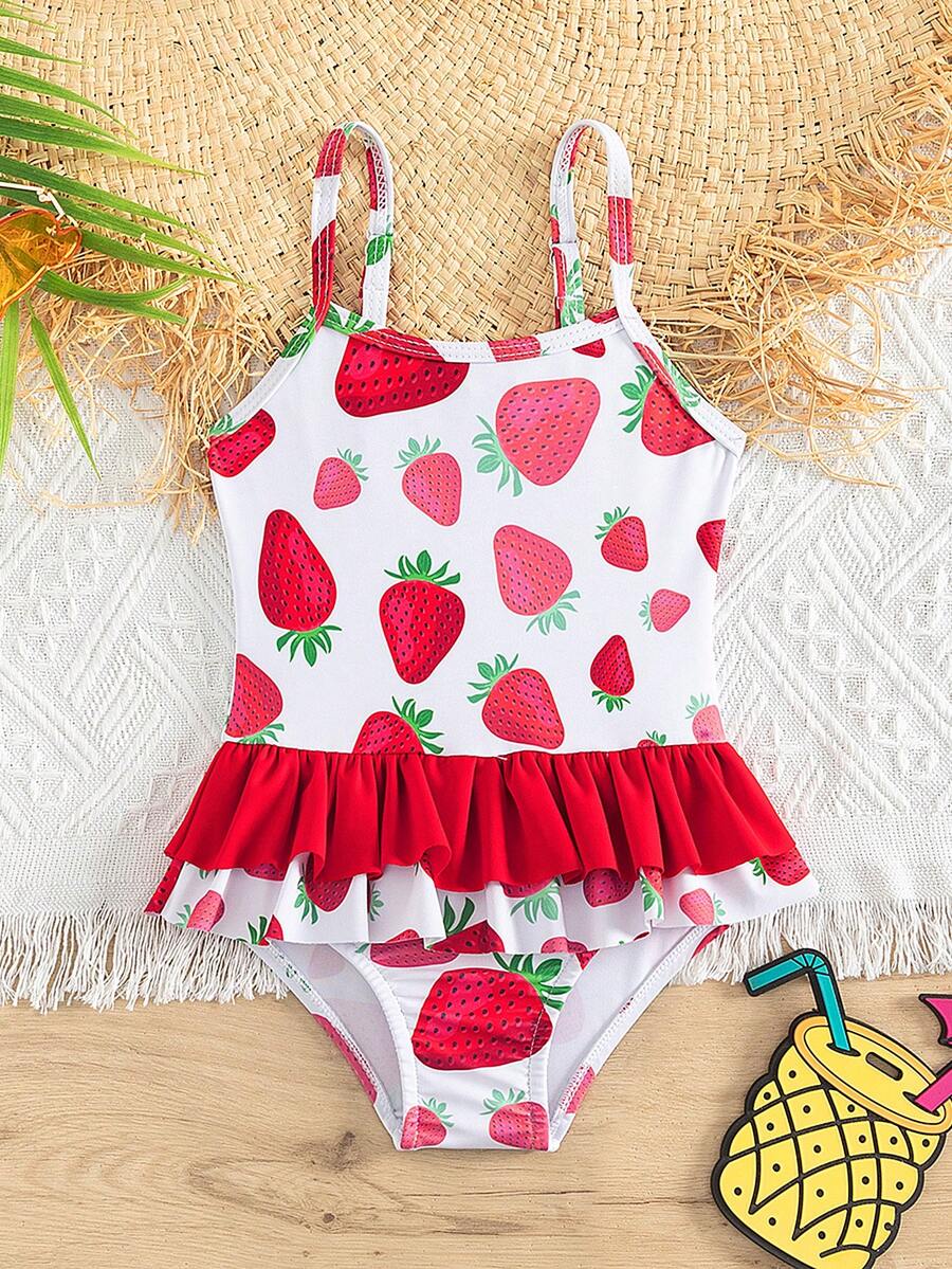 Baby Strawberry Print Ruffle Trim One-piece Swimsuit - Red and White - View 1