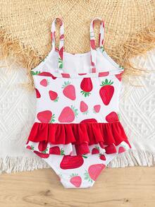 Baby Strawberry Print Ruffle Trim One-piece Swimsuit - Red and White - View 2
