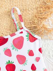 Baby Strawberry Print Ruffle Trim One-piece Swimsuit - Red and White - View 3