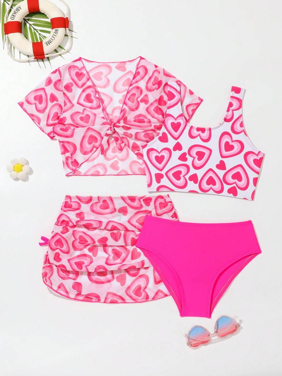 SHEIN 4pcs/Set Young Girl Heart Print Bikini Set With Cover Up Set Summer Beach - Pink - View 1