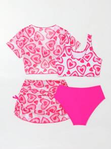 SHEIN 4pcs/Set Young Girl Heart Print Bikini Set With Cover Up Set Summer Beach - Pink - View 2