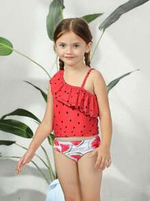 Conjunto de bikini con estampado de sandía y ribete de volantes para niña, para el verano y la playa - Rojo y blanco - Ver 3