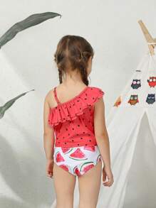 Conjunto de bikini con estampado de sandía y ribete de volantes para niña, para el verano y la playa - Rojo y blanco - Ver 4