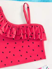 Conjunto de bikini con estampado de sandía y ribete de volantes para niña, para el verano y la playa - Rojo y blanco - Ver 5