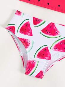 Conjunto de bikini con estampado de sandía y ribete de volantes para niña, para el verano y la playa - Rojo y blanco - Ver 6