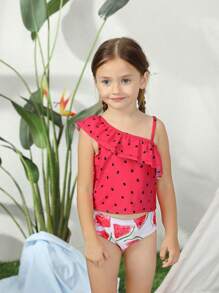 Conjunto de bikini con estampado de sandía y ribete de volantes para niña, para el verano y la playa - Rojo y blanco - Ver 7