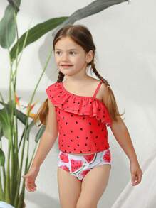 Conjunto de bikini con estampado de sandía y ribete de volantes para niña, para el verano y la playa - Rojo y blanco - Ver 8