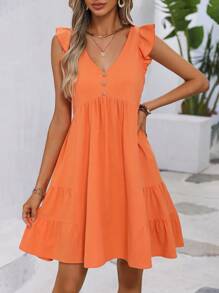 SHEIN LUNE Đầm Viên lá sen Nút phía trước Xù màu trơn Dễ thương - trái cam - Xem 2