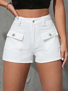 SHEIN Essnce Flap Pocket Denim Shorts - White - View 1