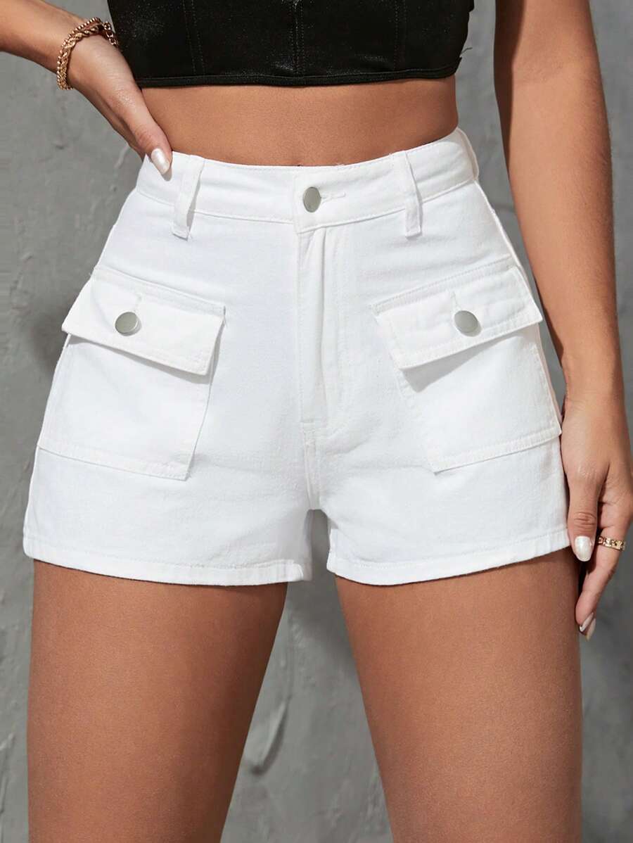 SHEIN Essnce Flap Pocket Denim Shorts - White - View 1
