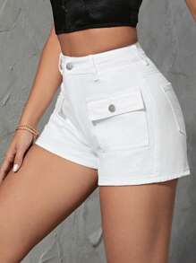 SHEIN Essnce Flap Pocket Denim Shorts - White - View 2