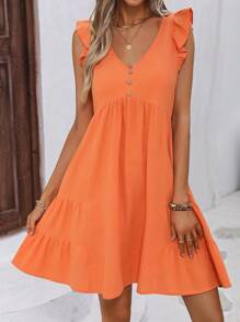 SHEIN LUNE Đầm Viên lá sen Nút phía trước Xù màu trơn Dễ thương - trái cam - Xem 1