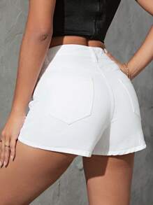 SHEIN Essnce Flap Pocket Denim Shorts - White - View 3