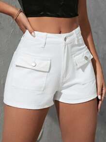 SHEIN Essnce Flap Pocket Denim Shorts - White - View 5