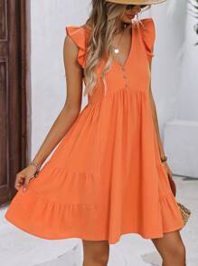 SHEIN LUNE Đầm Viên lá sen Nút phía trước Xù màu trơn Dễ thương - trái cam - Xem 7