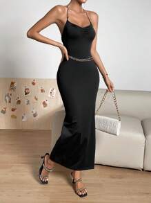 SHEIN Privé 垂領露背交叉高衩吊帶連衣裙不附腰帶 - 黑色 - 查看 5