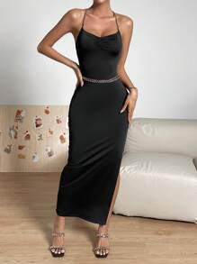 SHEIN Privé 垂領露背交叉高衩吊帶連衣裙不附腰帶 - 黑色 - 查看 6