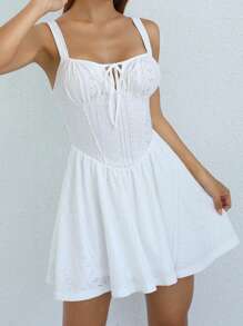 Tie Front Ruched Bust Cami Dress - White - View 3