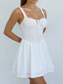 Tie Front Ruched Bust Cami Dress - White - View 4