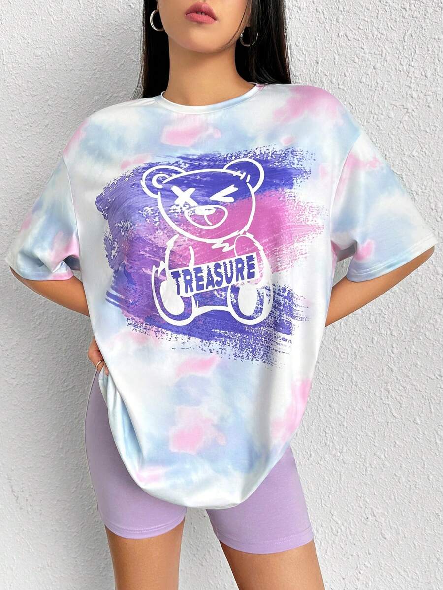 SHEIN EZwear 熊和標語圖案紮染落肩T恤和騎行褲 - 彩色 - 查看 1