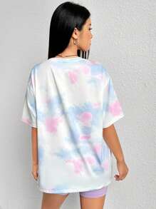 SHEIN EZwear 熊和標語圖案紮染落肩T恤和騎行褲 - 彩色 - 查看 2