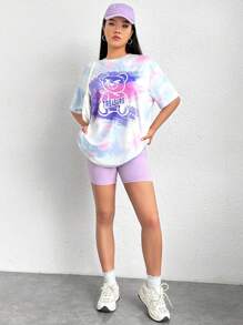 SHEIN EZwear 熊和標語圖案紮染落肩T恤和騎行褲 - 彩色 - 查看 6